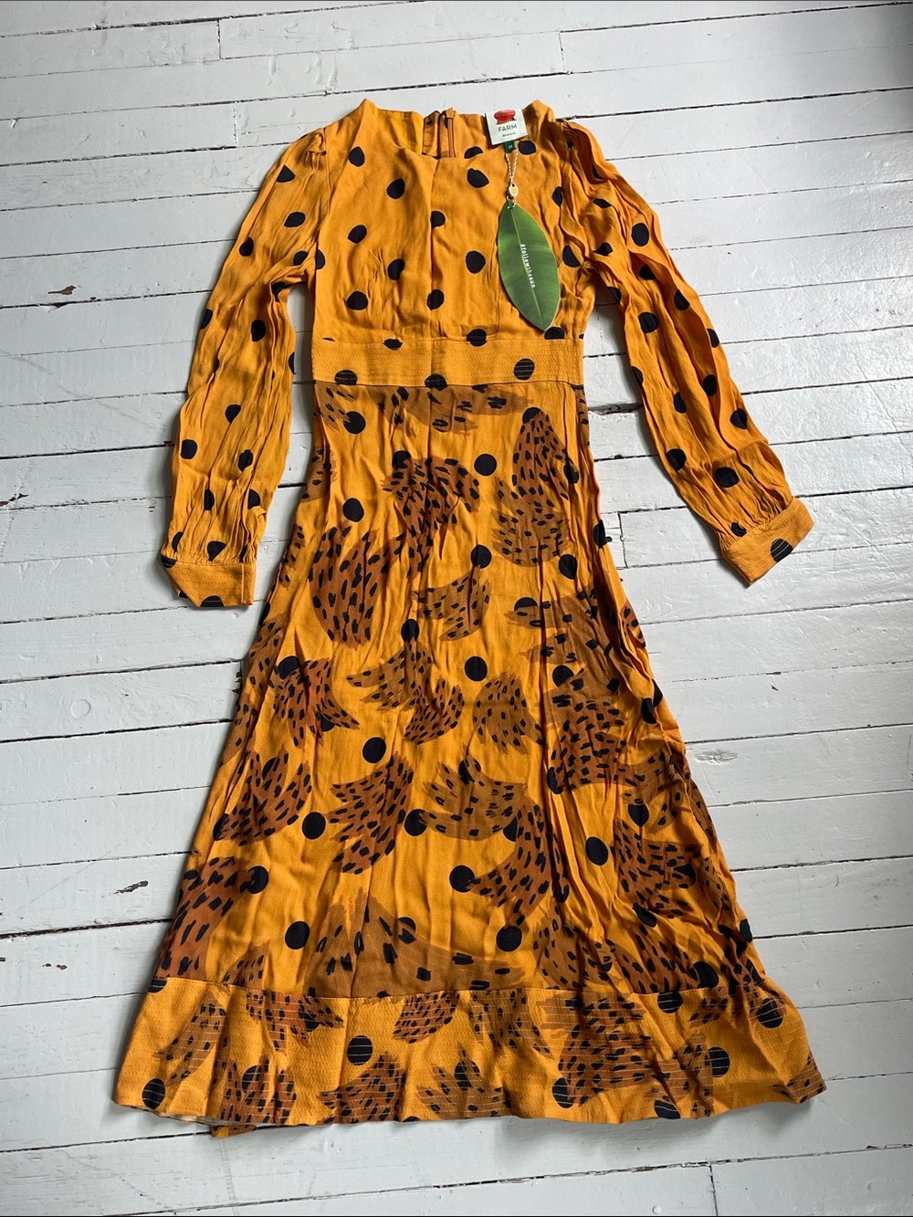 NWT FARM Rio Caramel Banana Polka Dot Midi Dress in Yellow, XS